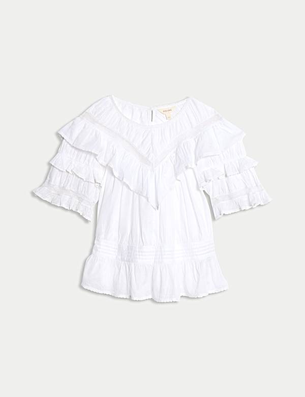 חולצה אלגנטית מכותנה טהורה עם צווארון עגול ומלמלה - IL