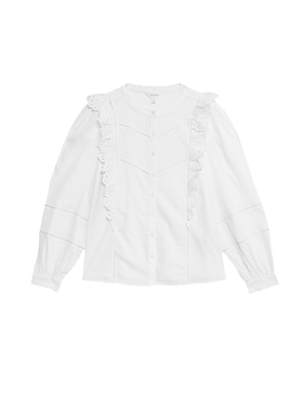 Pure Cotton Embroidered Ruffle Shirt