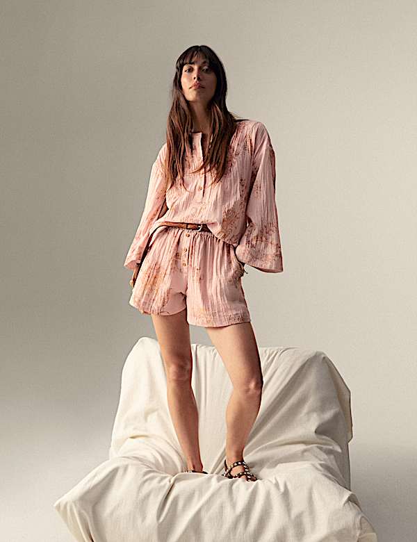 Printed Crew Neck Oversized Popover Blouse - IT