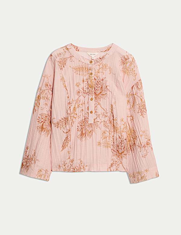 חולצת אוברסייז עם צווארון עגול, הדפס ורכיסת כפתורים חלקית - IL