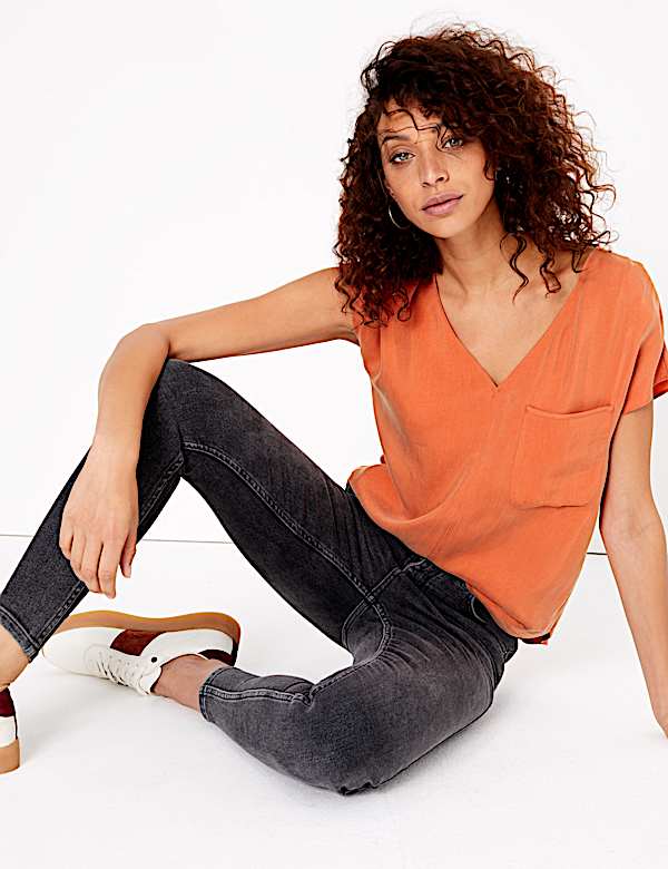 Cupro V-Neck Cap Sleeve Shell Top