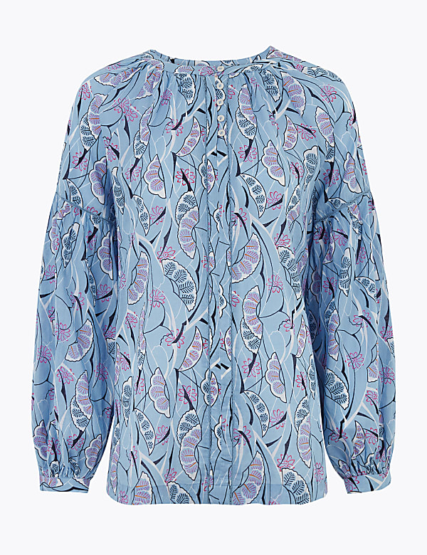 Pure Cotton Printed Blouson Sleeve Blouse