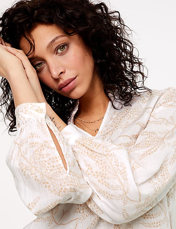 Linen Blend Printed Long Sleeve Blouse