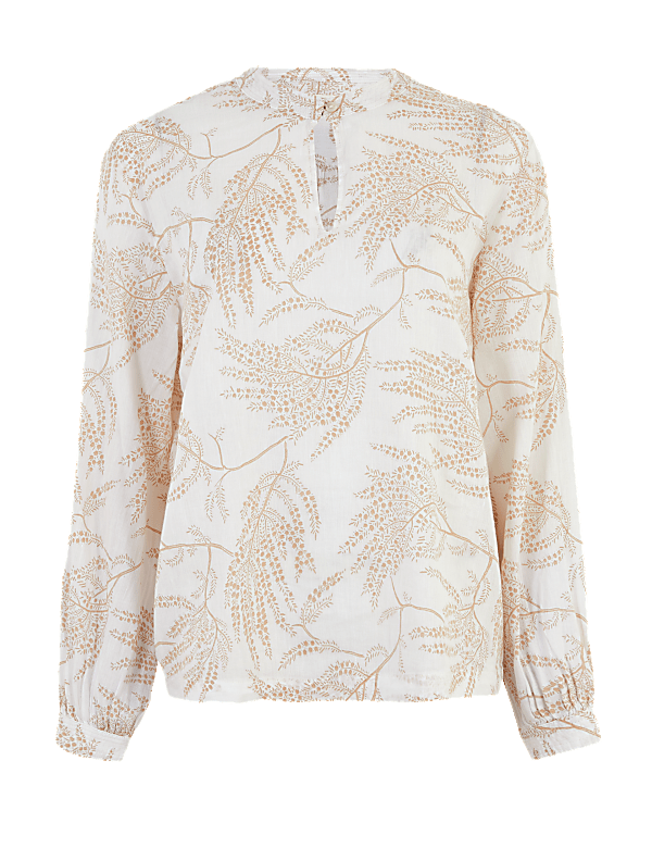 Linen Blend Printed Long Sleeve Blouse