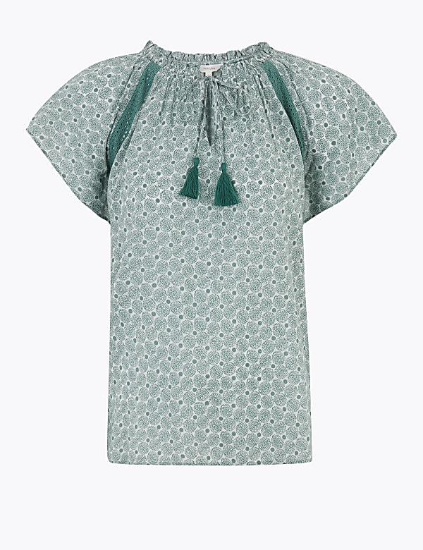 Pure Cotton Leaf Print Short Sleeve Blouse