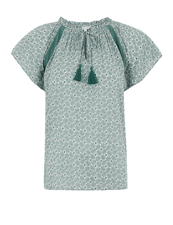 Pure Cotton Leaf Print Short Sleeve Blouse