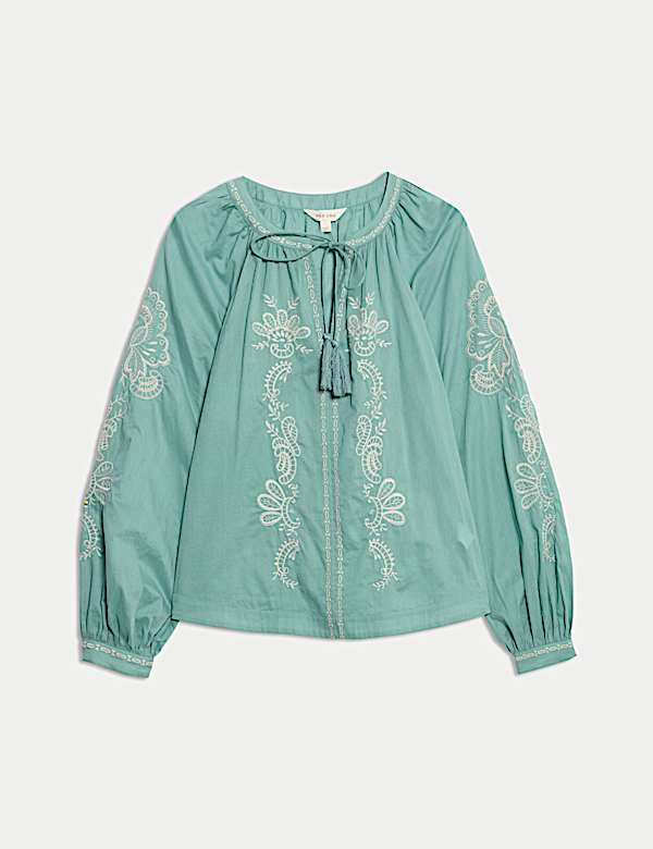 Pure Cotton Embroidered Tie Neck Oversized Blouse