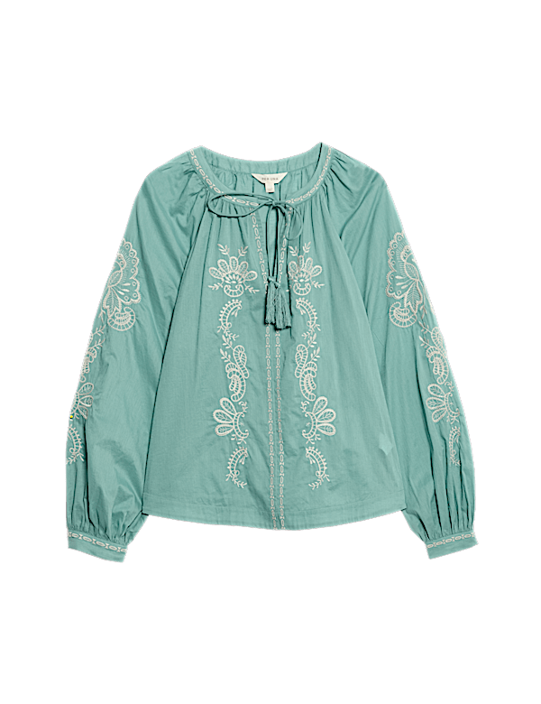 Pure Cotton Embroidered Tie Neck Oversized Blouse