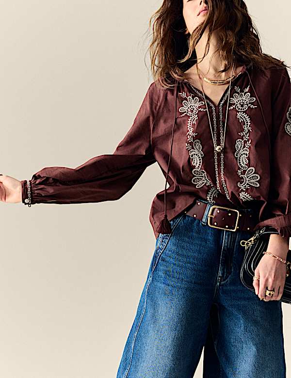 Pure Cotton Embroidered Tie Neck Oversized Blouse - RS