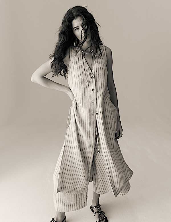 Gilet de costume coupe longue à rayures avec lin - LU