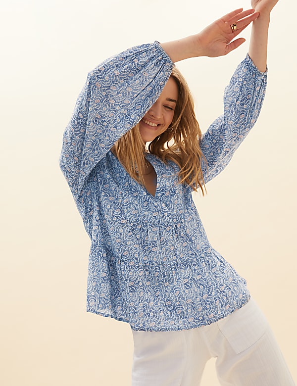 Pure Cotton Floral Blouson Sleeve Blouse