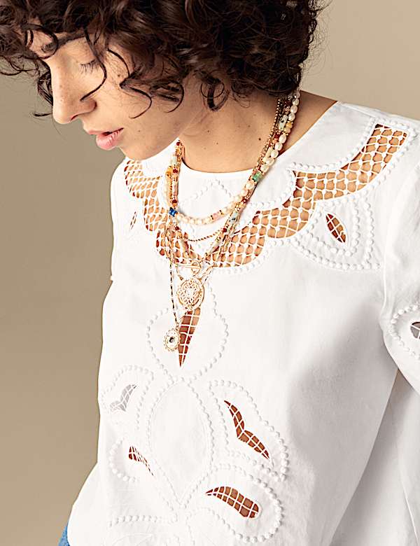 Pure Cotton Embroidered Crew Neck Blouse