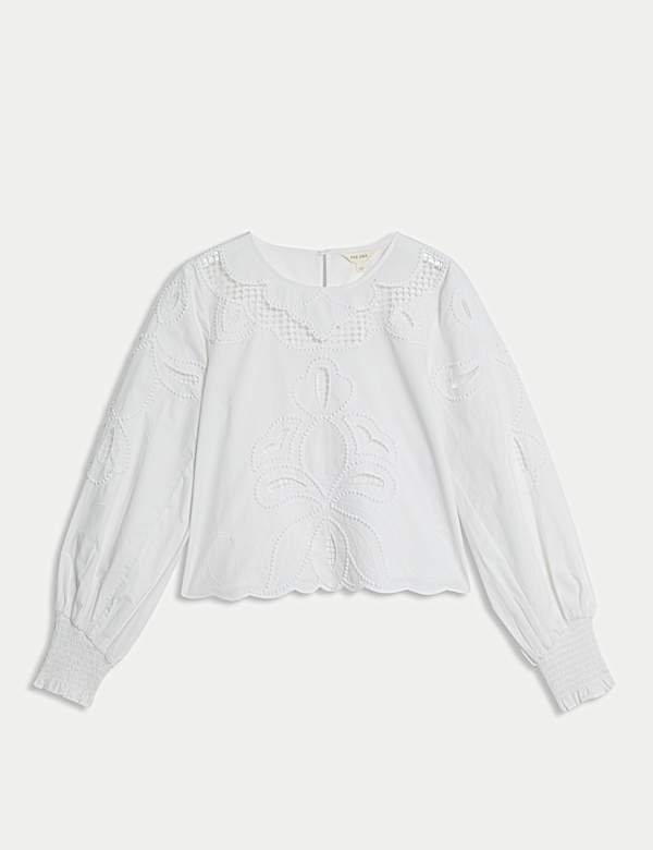 Pure Cotton Embroidered Crew Neck Blouse - JO