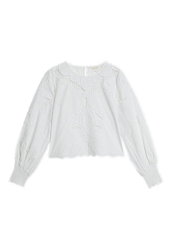 Pure Cotton Embroidered Crew Neck Blouse