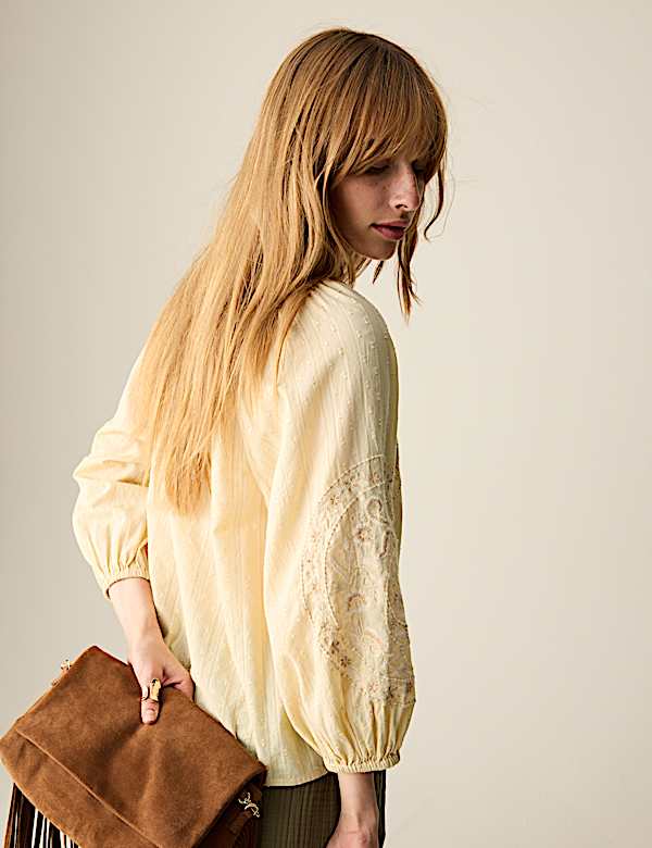 Pure Cotton Embroidered Popover Blouse - ID