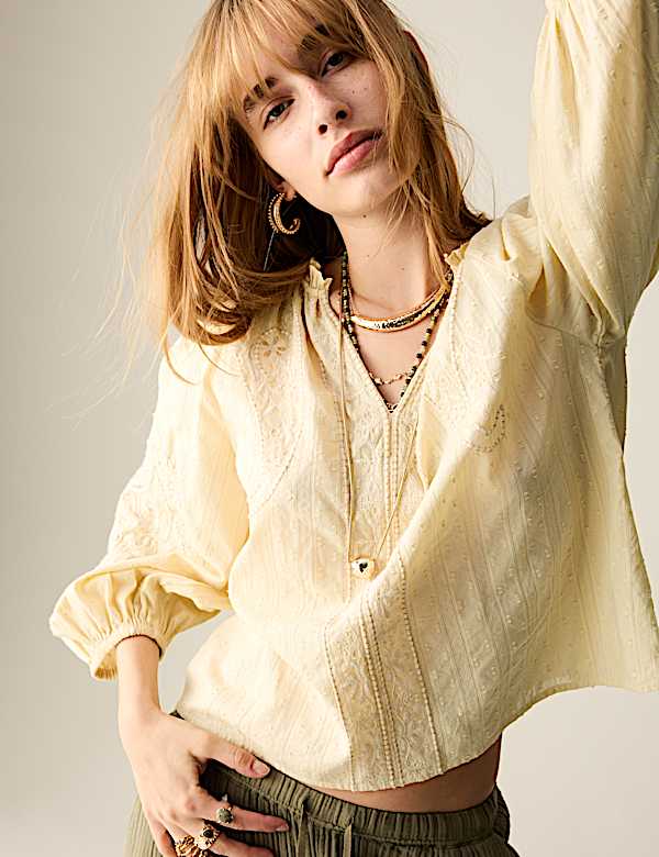 Pure Cotton Embroidered Popover Blouse - ID