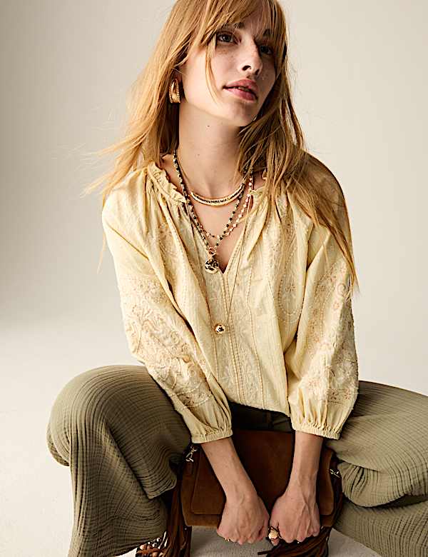 Pure Cotton Embroidered Popover Blouse - ID