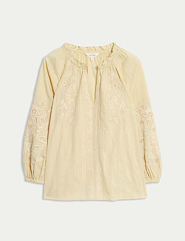 Pure Cotton Embroidered Popover Blouse - ID
