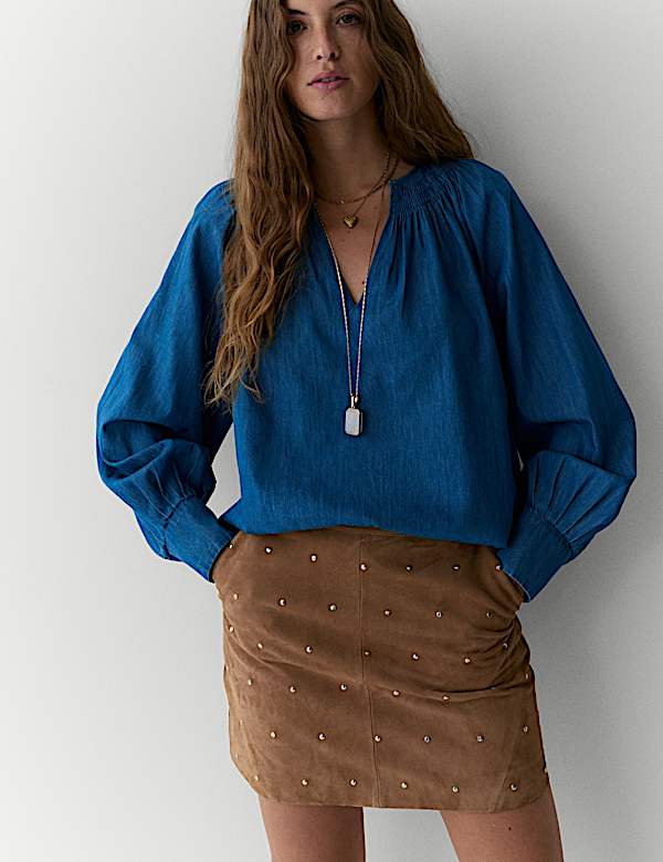 Pure Cotton Denim V-Neck Pintuck Blouse - AL