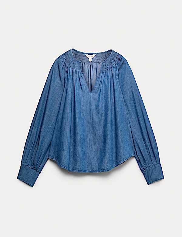 Pure Cotton Denim V-Neck Pintuck Blouse - DE
