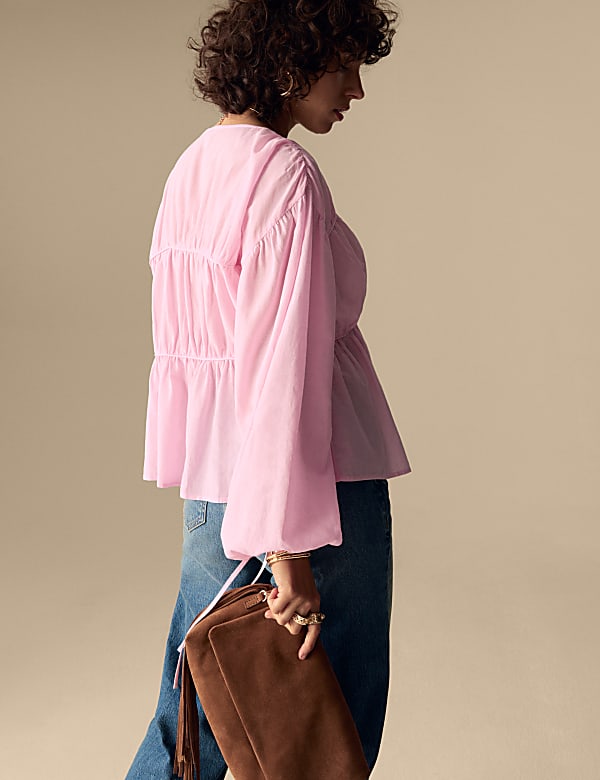 Cotton Rich V-Neck Seam Detail Blouse - MX