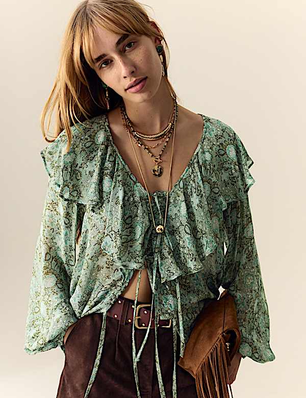 Printed Tie Neck Ruffle Blouse - SK