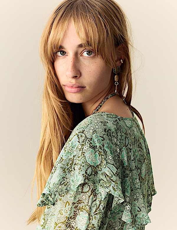 Printed Tie Neck Ruffle Blouse - SK