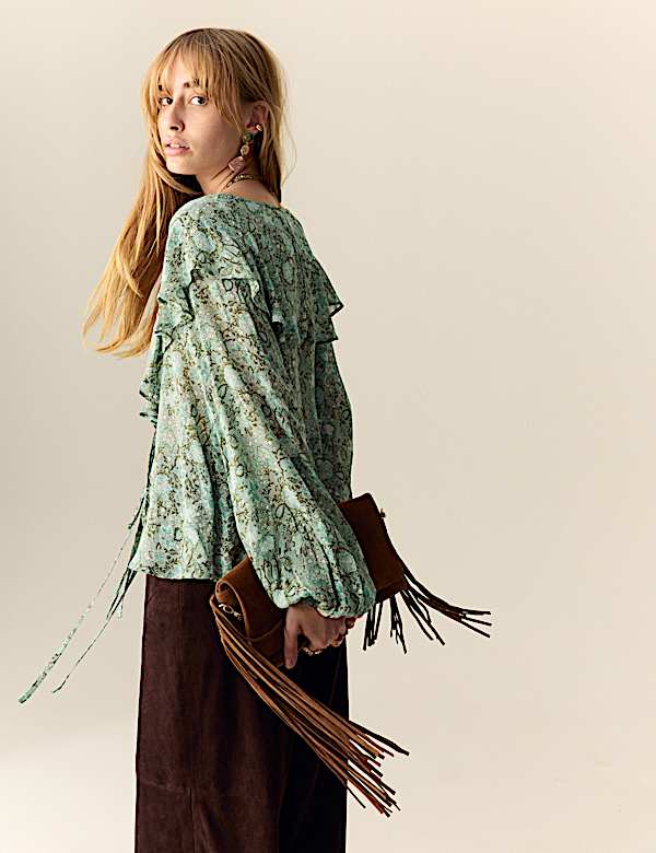 Printed Tie Neck Ruffle Blouse - SK