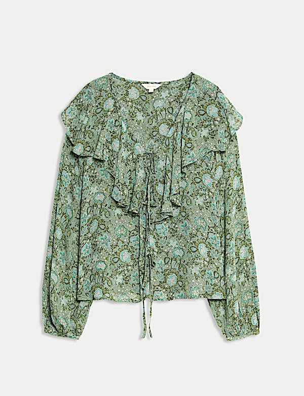 Printed Tie Neck Ruffle Blouse - SK