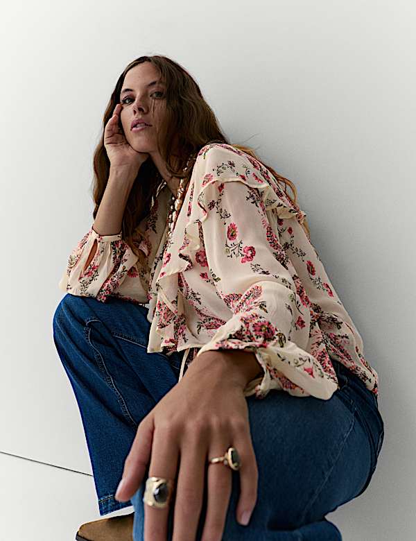 Printed Tie Neck Ruffle Blouse - JO