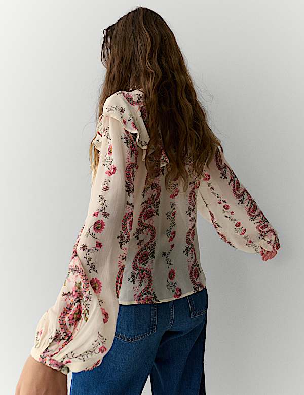 Printed Tie Neck Ruffle Blouse - JO