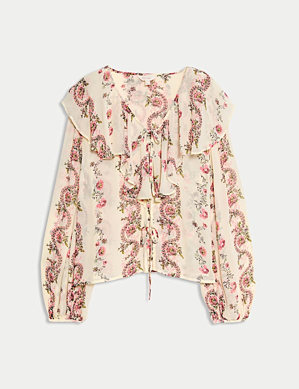 Printed Tie Neck Ruffle Blouse - RS