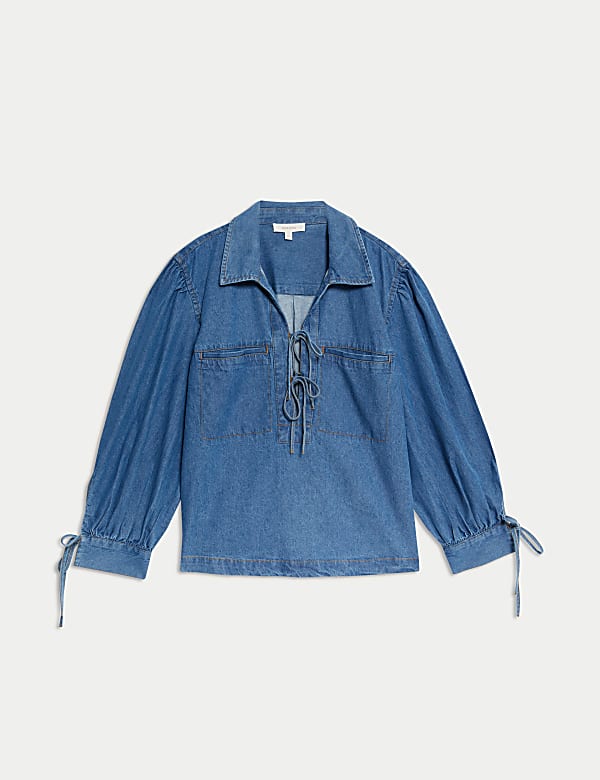 Denim top met V-hals van zuiver katoen - BE