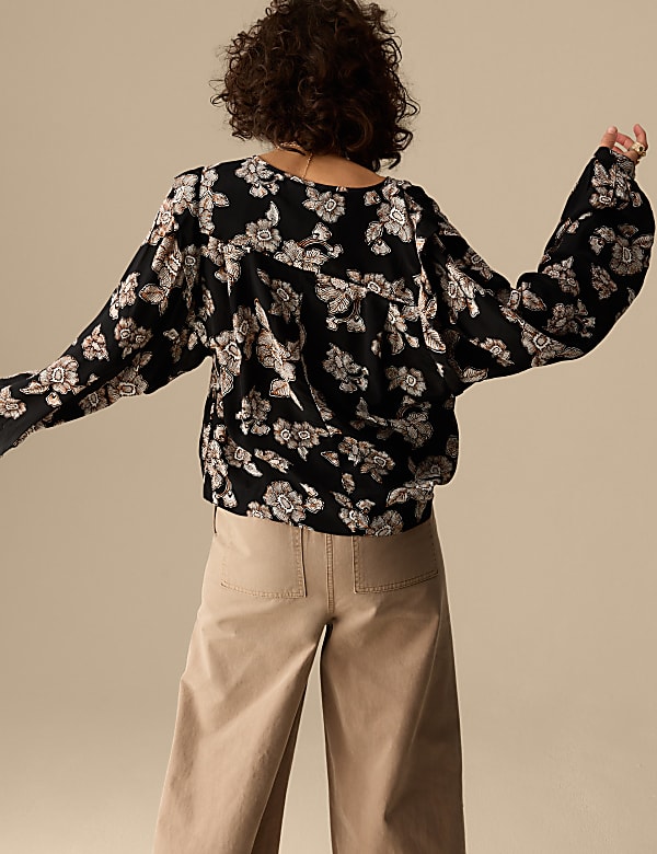 Floral Tie Neck Blouson Sleeve Blouse - BE