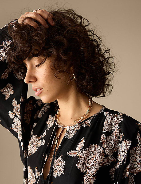 Floral Tie Neck Blouson Sleeve Blouse - BE