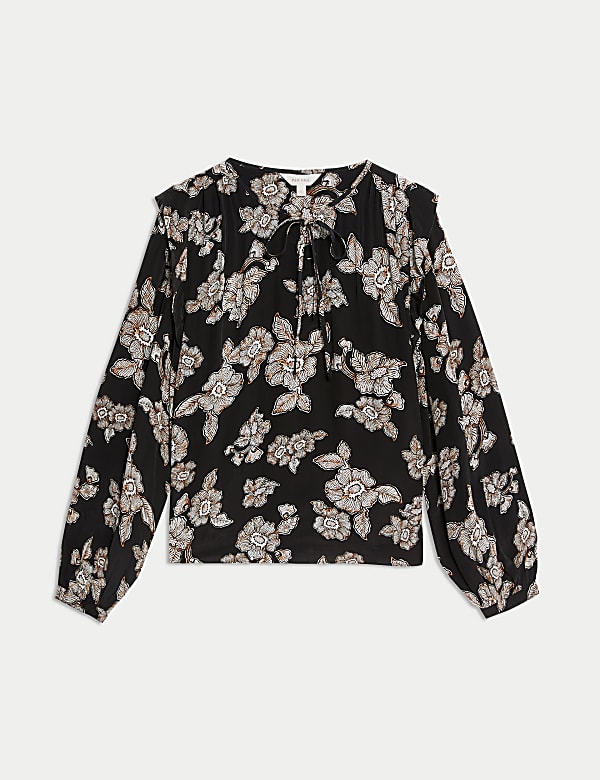 Floral Tie Neck Blouson Sleeve Blouse - BE