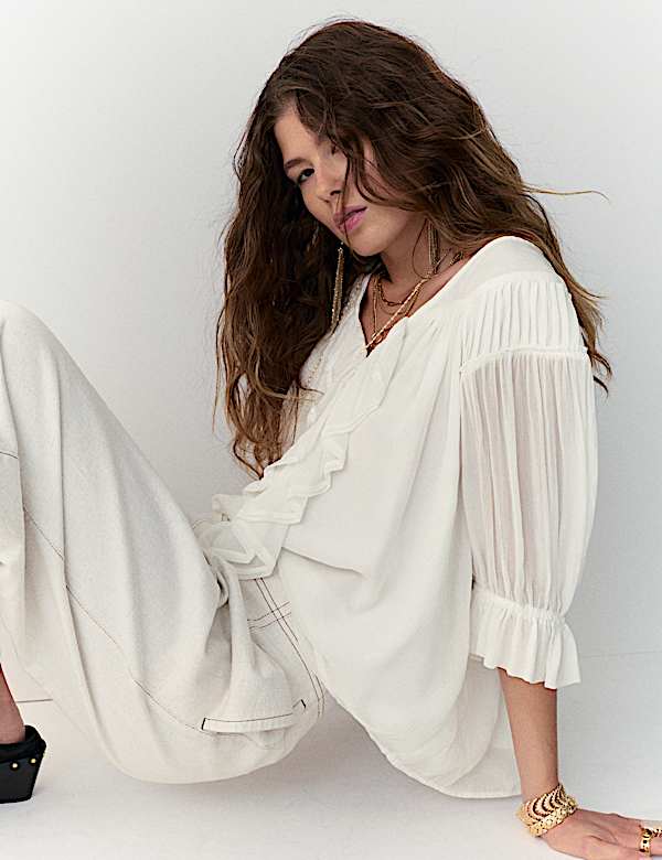 Ruffle V-Neck Poet Blouse