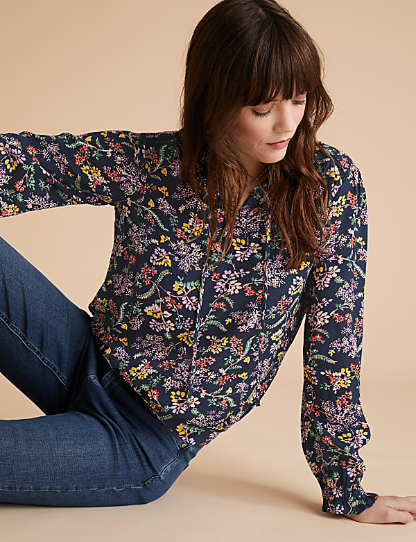 Floral High Neck Long Sleeve Popover Blouse