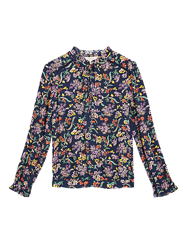 Floral High Neck Long Sleeve Popover Blouse