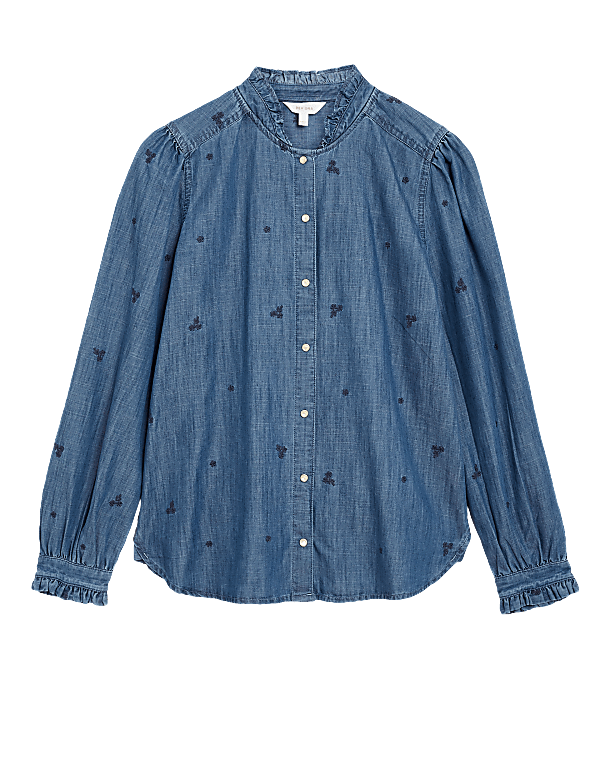Tencel™ Denim Embroidered Ruffle Blouse