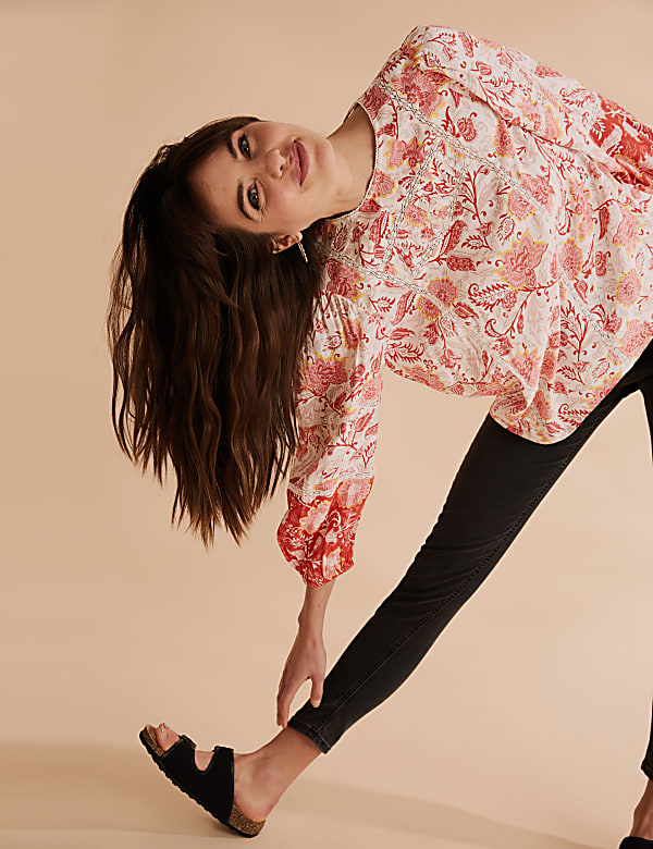 Floral Lace Insert Blouson Sleeve Blouse