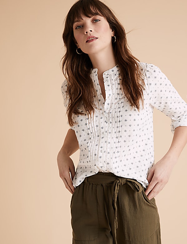 Pure Cotton Floral High Neck Shirt