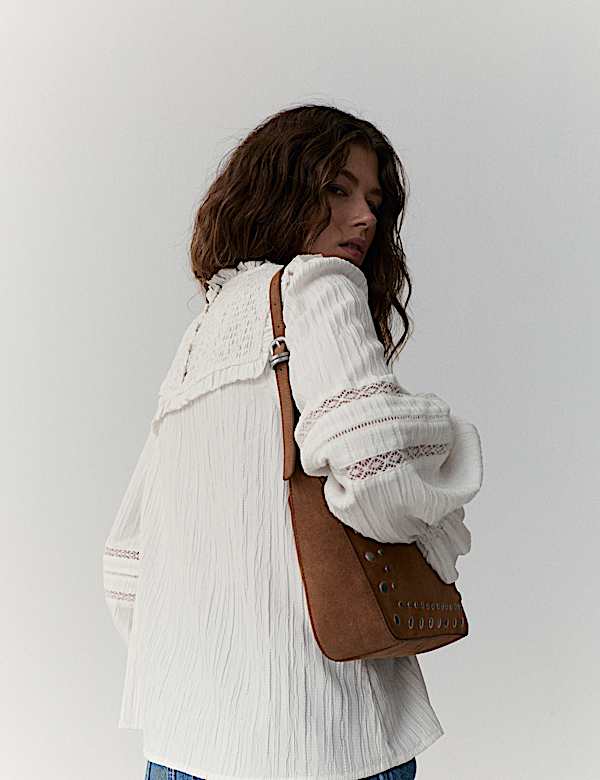 Textured Frill Neck Shirred Blouse - CA