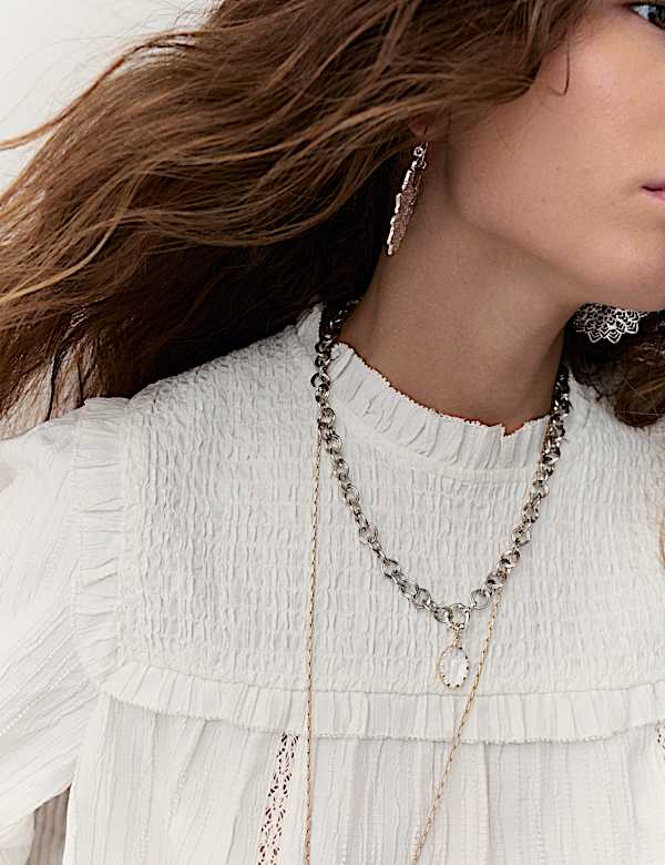 Textured Frill Neck Shirred Blouse - CA