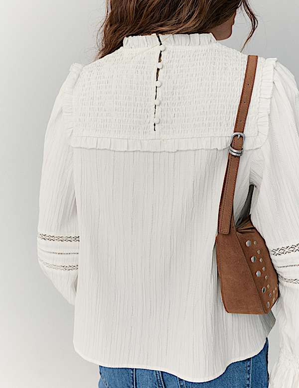 Textured Frill Neck Shirred Blouse - CA