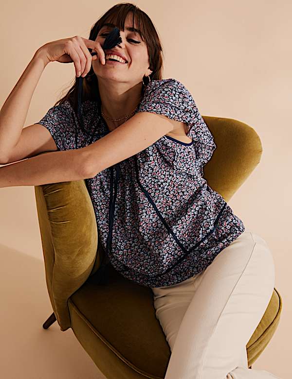 Pure Cotton Floral Tie Front Top