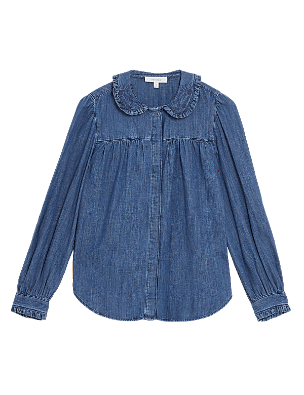 Denim Collared Blouson Sleeve Blouse