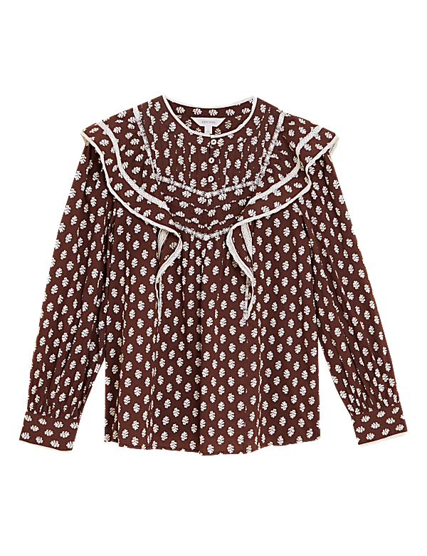 Pure Cotton Printed Lace Insert Blouse