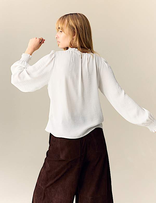 Ruffle V-Neck Long Sleeve Blouse