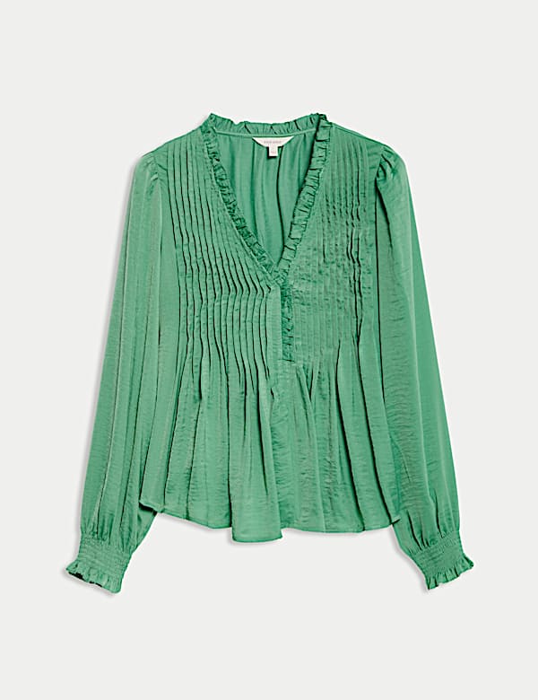 Satin V-Neck Ruffle Pleat Detail Blouse - GR